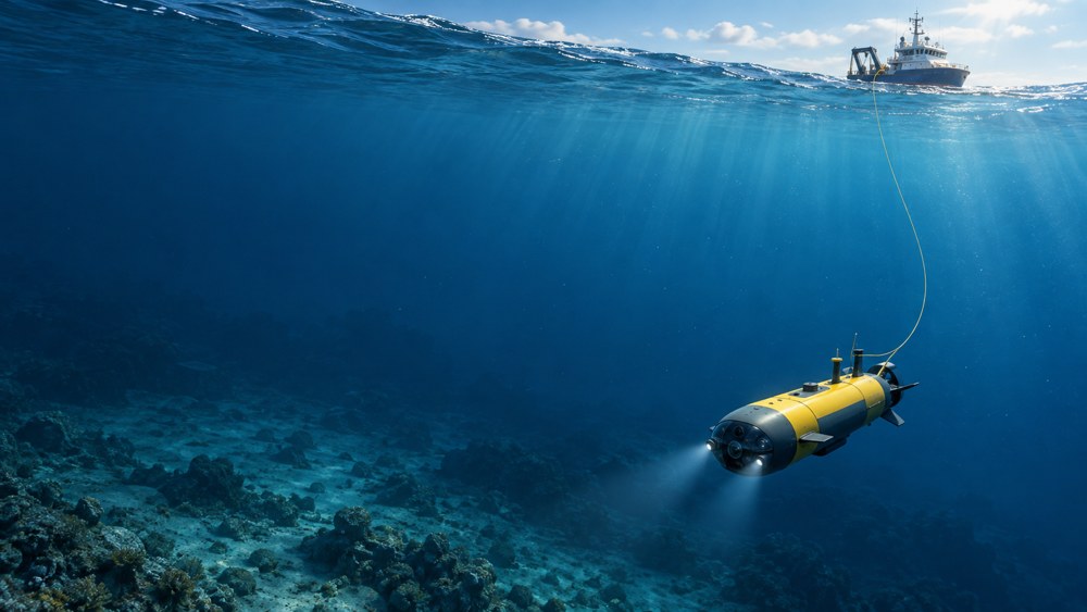 Underwater vehicle linked to a surface vessel by a thin optical fiber