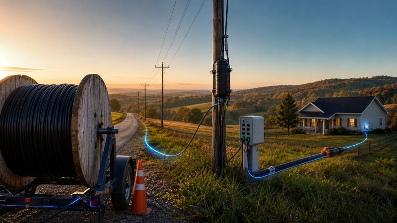 Rural fiber infrastructure from feeder reel to final farmhouse drop
