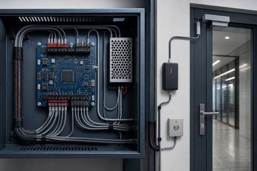 Access control system cabling solution with door controller and card reader wiring