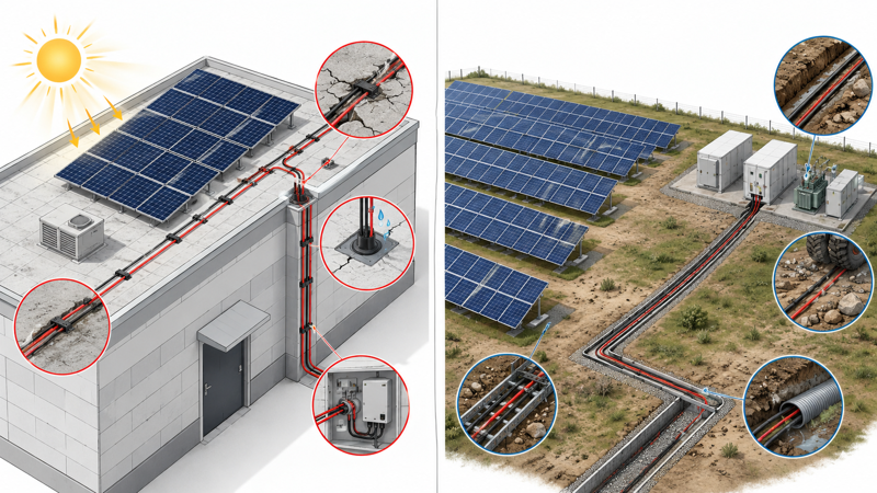 Rooftop and solar farm cable route risk comparison