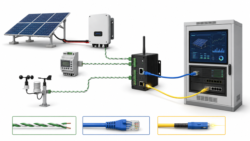 Solar monitoring system communication cable route for inverter meter gateway and SCADA