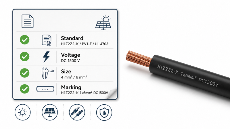 Solar PV cable datasheet checklist for standard voltage size and marking