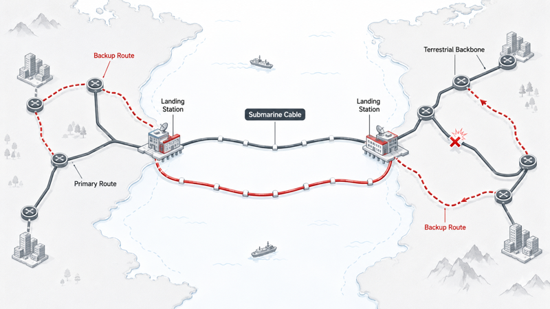 Submarine cable route diversity and terrestrial fiber resilience