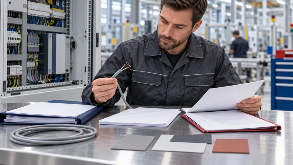 Engineer reviewing gray control cable and EU project compliance documents