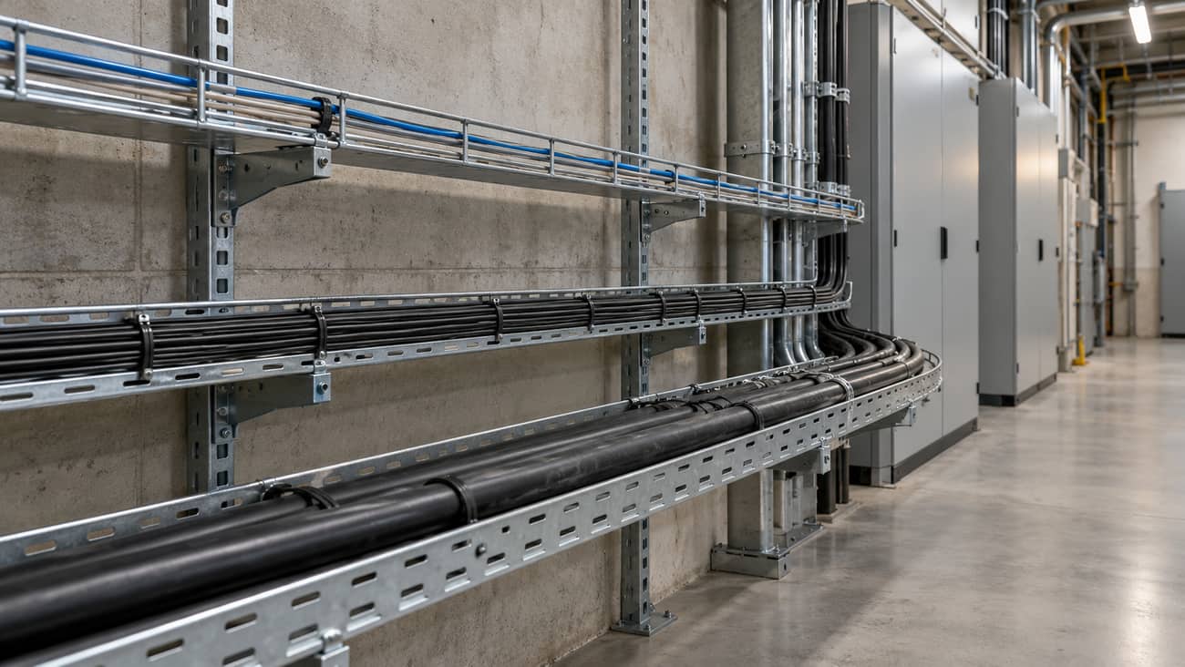 Separate cable pathways in an illustrative industrial service corridor