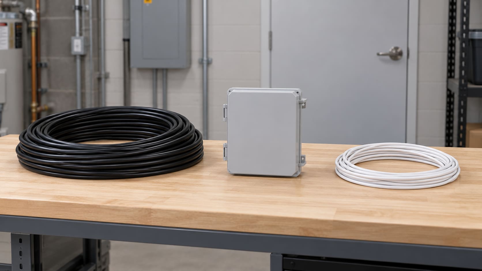 Black and white cable coils beside a closed enclosure for transition planning