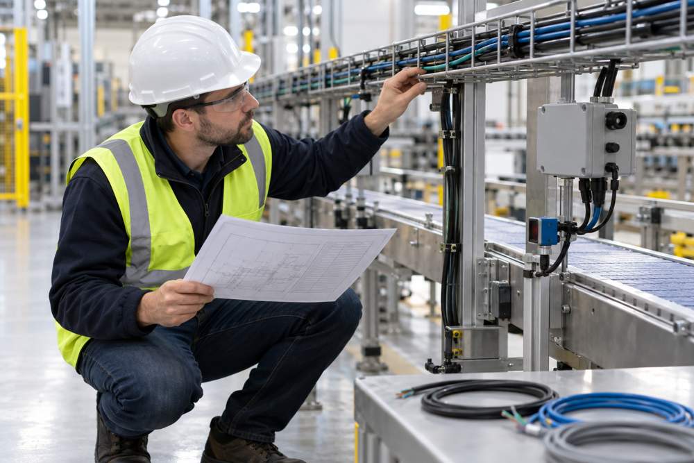 Engineer reviewing conveyor cable routes, remote I/O, and sensor drops