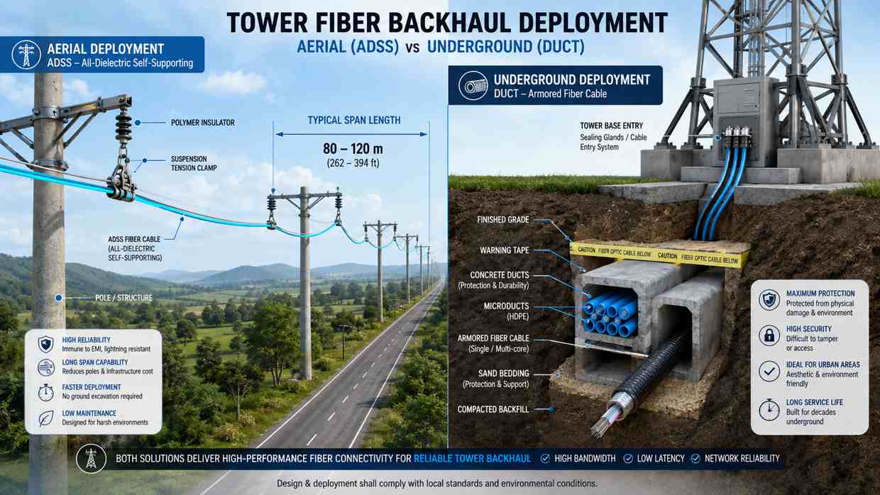 ADSS aerial cable and underground duct cable selection for towers