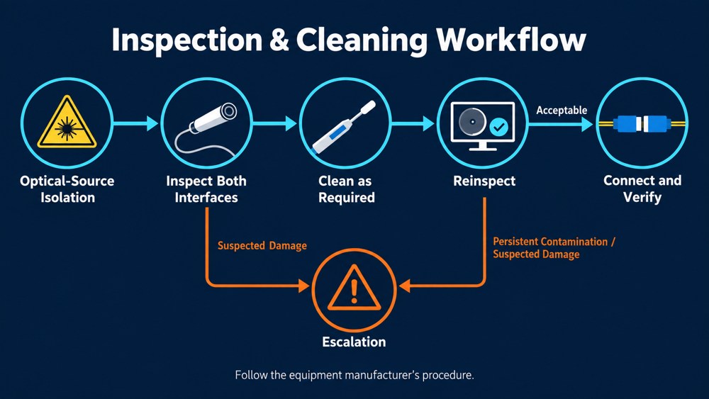 Fiber inspection and cleaning workflow with reinspection and escalation paths