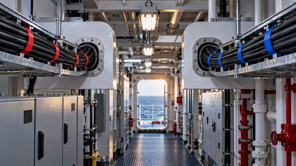 Separated dual-route fiber cables inside a modern ship