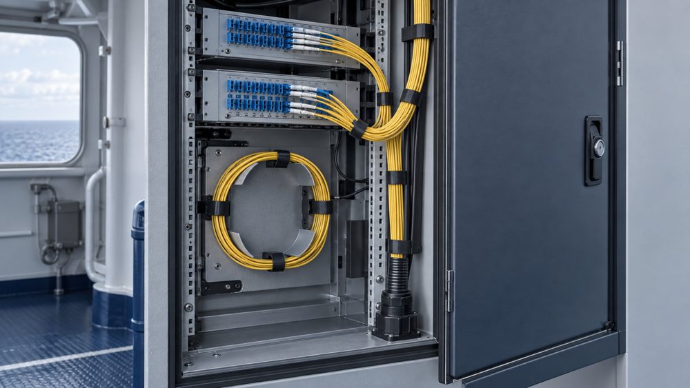 Shipboard cabinet showing fiber bends, cable entry and door clearance