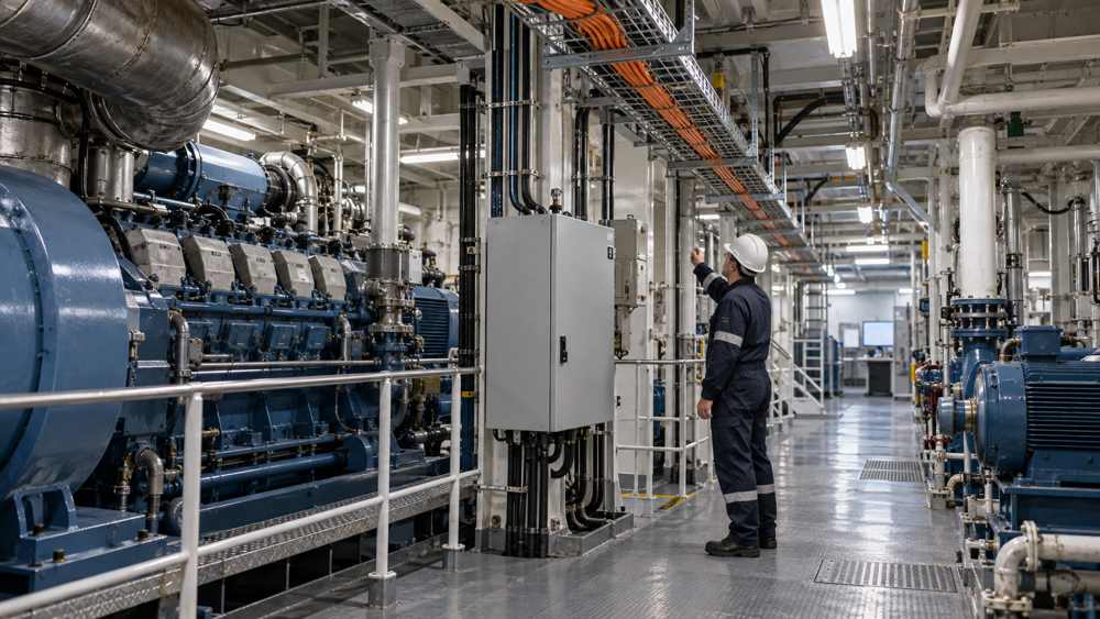 Engine room machinery monitoring data carried over a protected fiber route