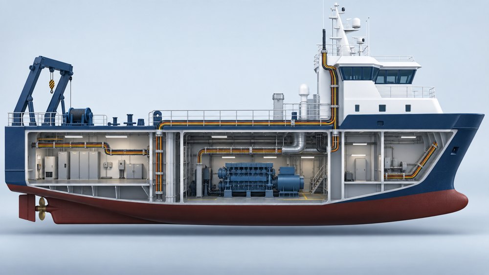 Shipboard cable route zones with protected compartments, machinery spaces and exposed deck areas