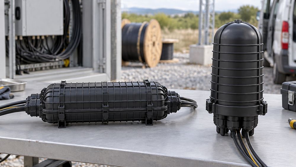 Conceptual inline and dome fiber optic splice closure housings side by side