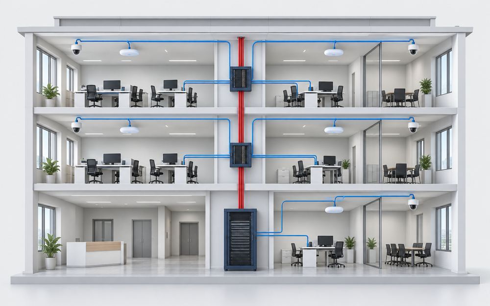 Commercial building cutaway showing vertical fiber and horizontal copper cabling