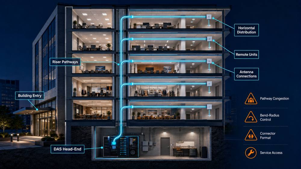 DAS fiber distribution from building head-end to remote antenna units