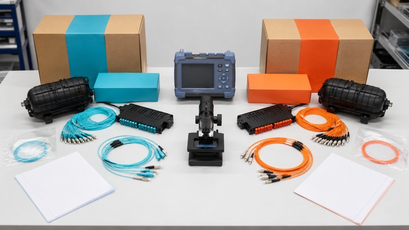 Fiber splice closure ODF adapters pigtails and OS2 patch cords