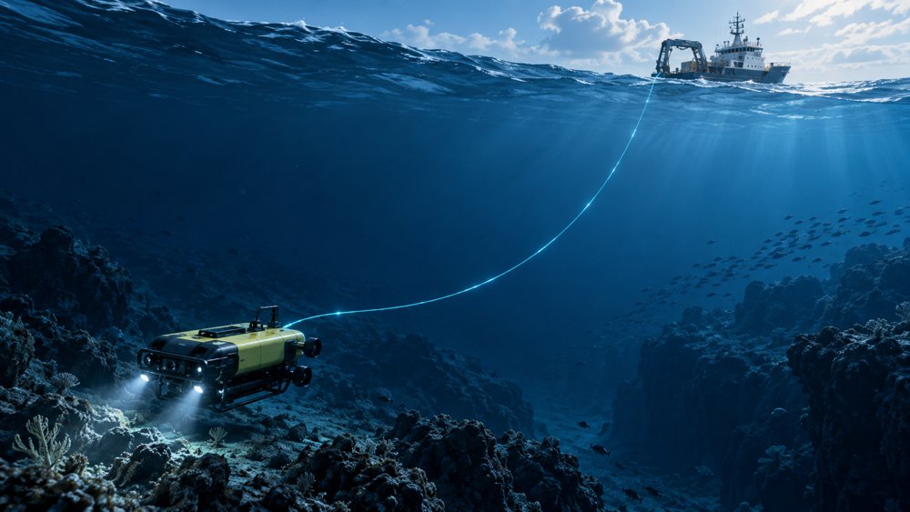 Underwater vehicle connected to a surface vessel by a fiber optic tether