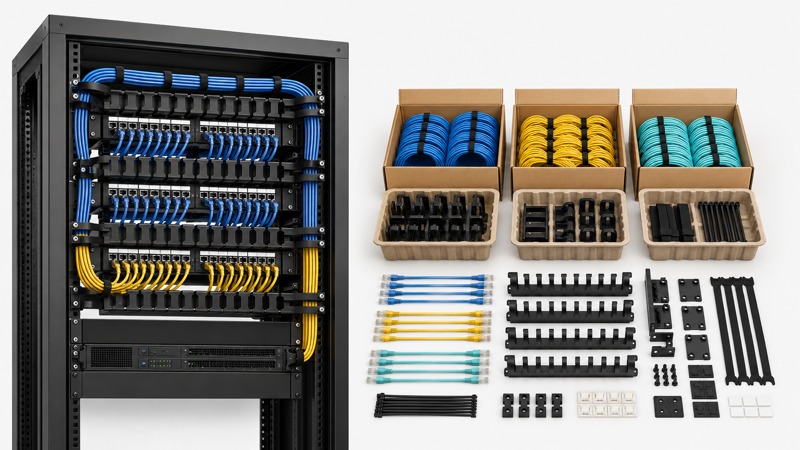 Server rack cable managers labels patch cords and rack-based packing