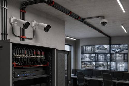 CCTV surveillance cabling solution with camera wiring and DVR cabinet area
