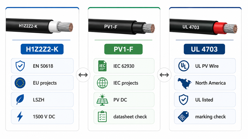 Solar PV cable standard comparison with H1Z2Z2-K PV1-F and UL 4703
