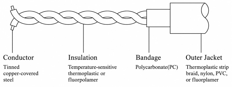Linear heat detection cable structure diagram showing conductor insulation bandage and outer jacket