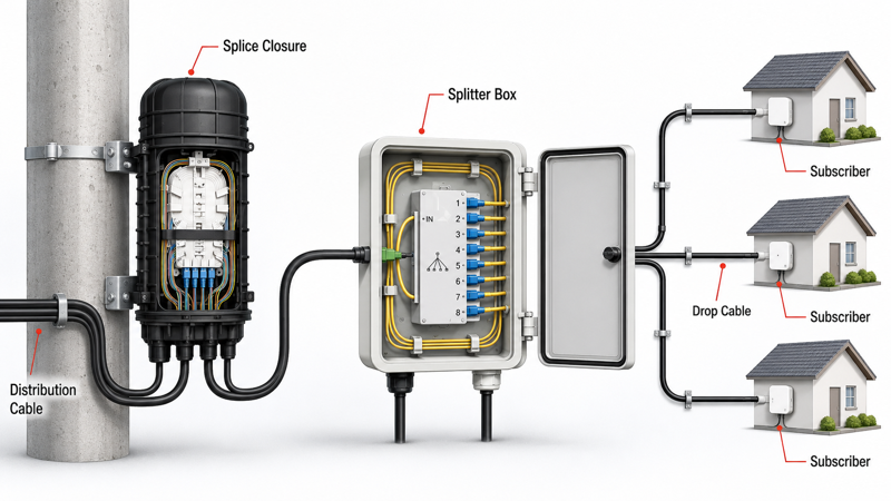 ODN maintenance layout with splice closure splitter box and drop cable