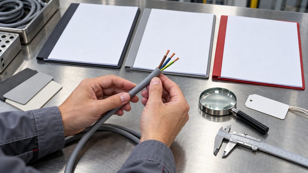 Engineer matching a gray control cable sample to product-specific compliance evidence