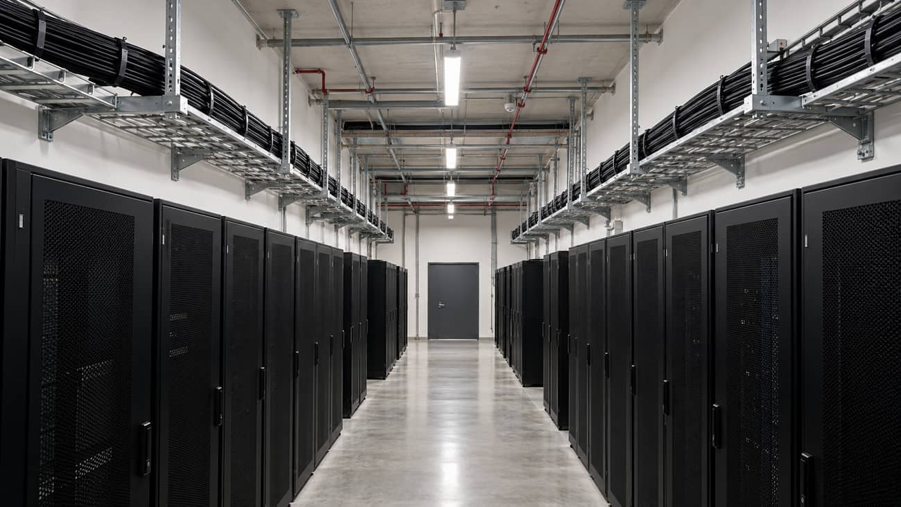 Separate cable trays above opposite rack rows in a shared data center room