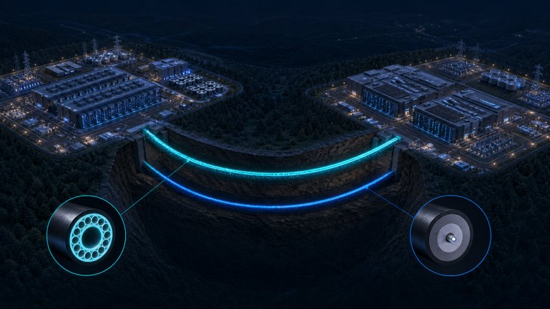 AI data center campuses connected by hollow-core and G.652.D fiber routes