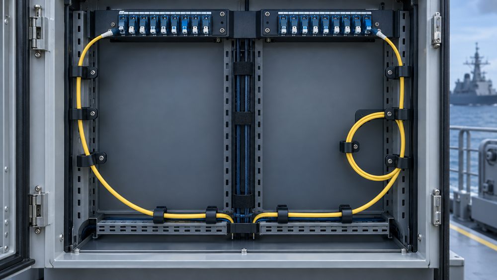 Broad and compact single-mode fiber bend paths inside shipboard cabinet