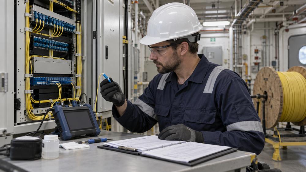 Marine engineer inspecting a fiber connector beside a shipboard patch panel and optical test instrument