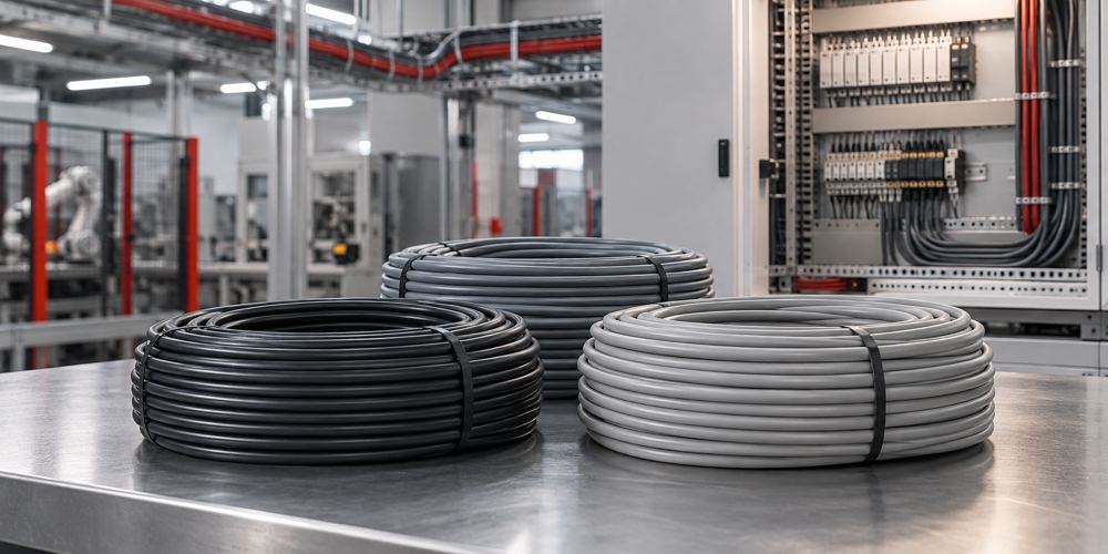Industrial control cable coils beside an automation control cabinet