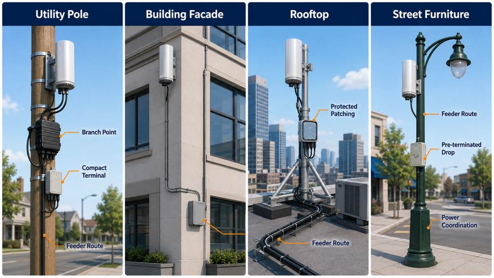 Small-cell fiber deployment on poles facades rooftops and street furniture