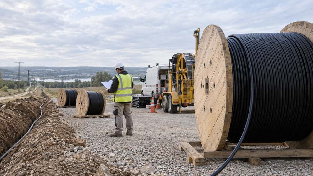 Fiber cable drums staged for outside-plant route planning