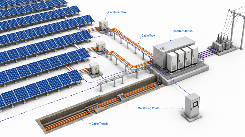 Solar farm cable trench tray and monitoring route planning