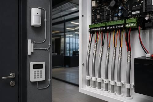 Burglar alarm cabling solution with alarm control panel and sensor wiring