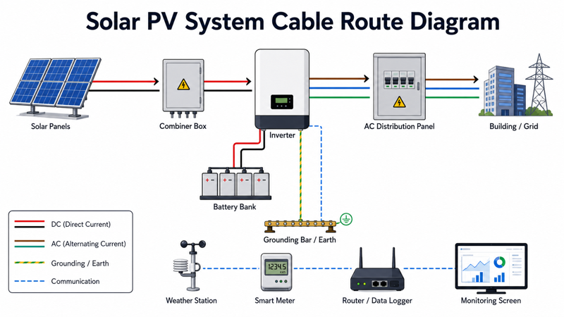 Solar PV system cable route diagram