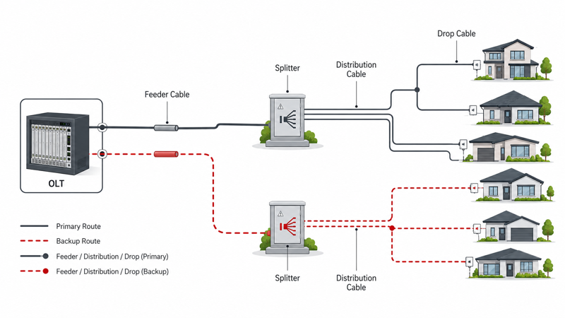 FTTH redundancy planning with feeder distribution and drop cable routes