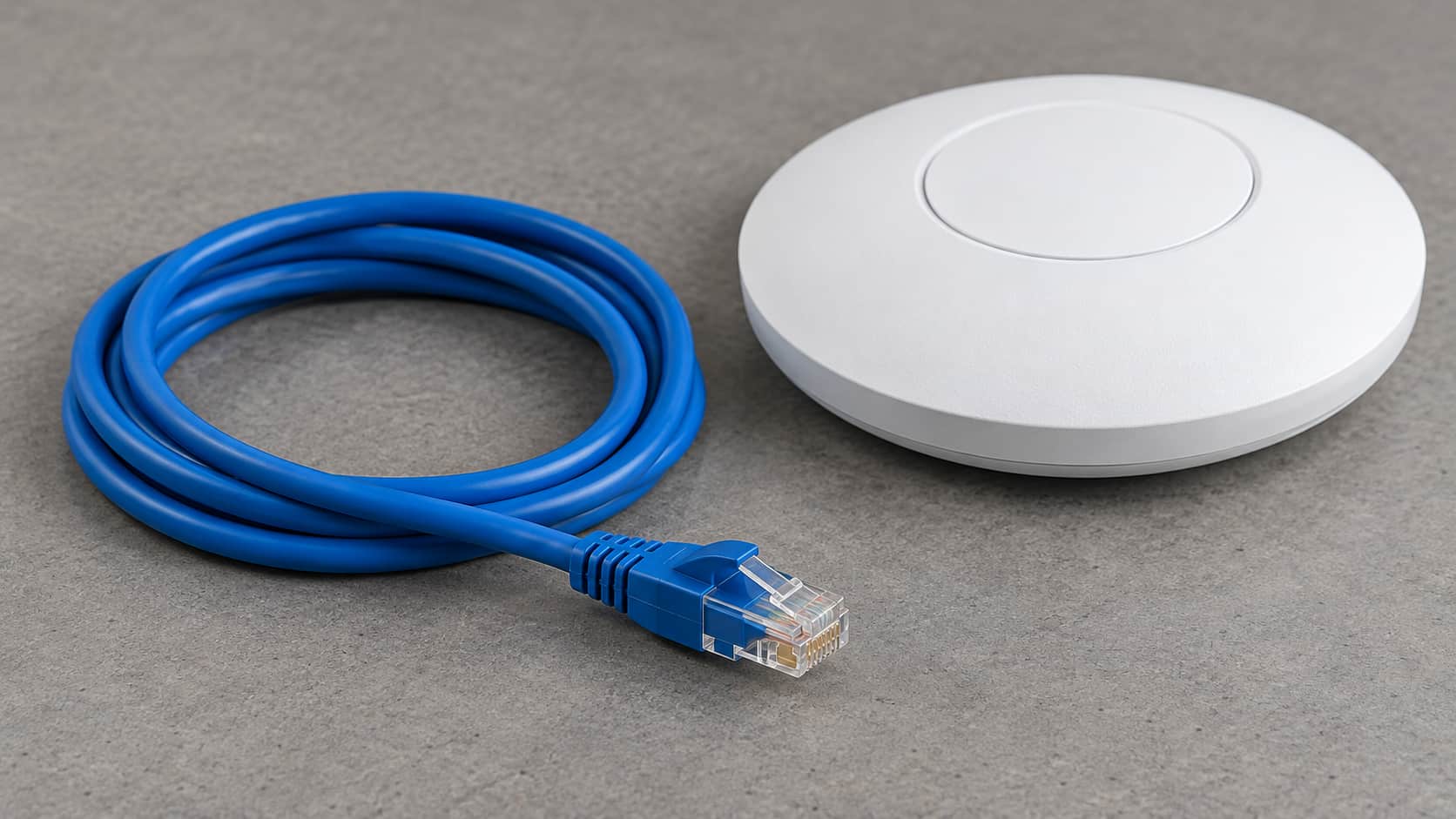 Blue RJ45 patch cord beside a wireless access point for procurement review