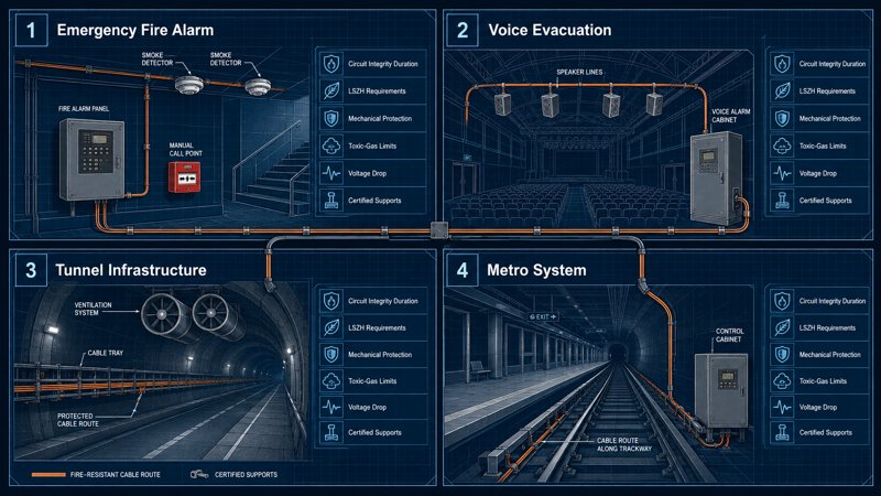 Fire-resistant cable application matrix for alarm evacuation tunnel and metro projects