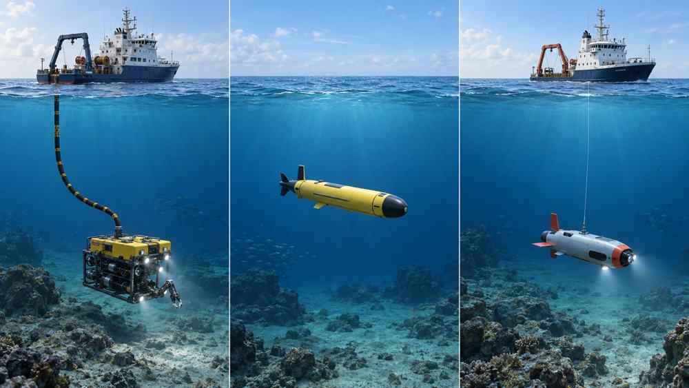 ROV umbilical, autonomous AUV, and HROV microtether architecture comparison