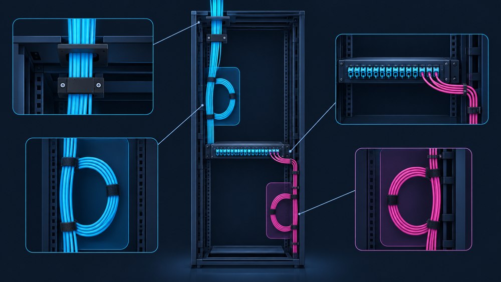 Conceptual rack routing with separate cyan trunk and magenta patch-cord slack zones