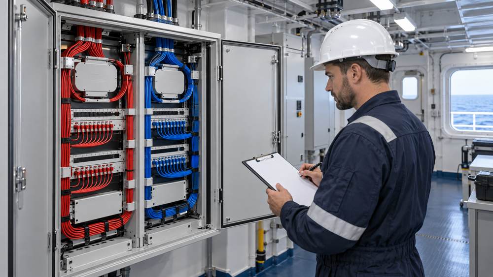 A and B fiber distribution areas managed inside a shipboard cabinet