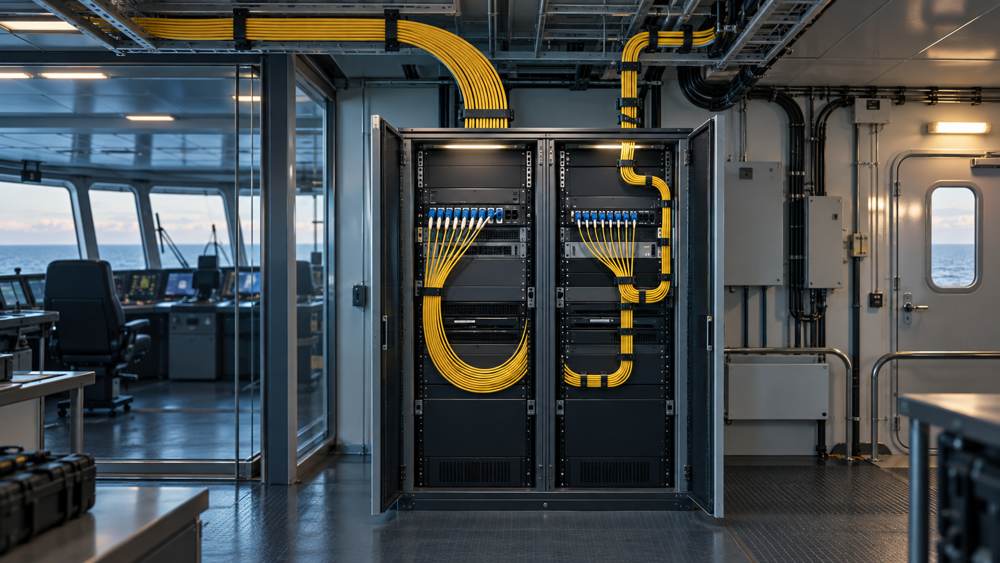 Shipboard communications cabinet with broad and compact managed fiber routes