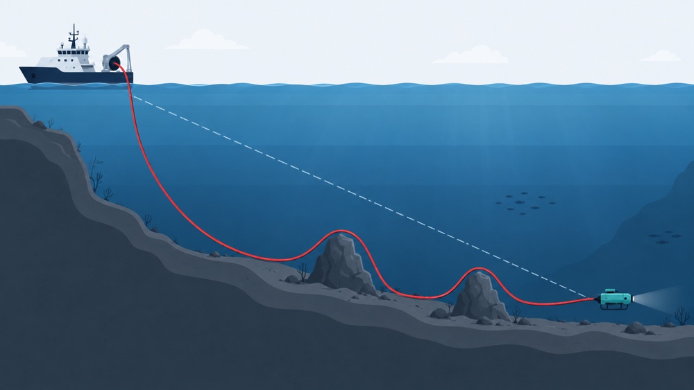 Underwater route length compared with straight-line operating radius