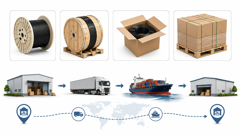 Cable packing options with reel drum carton pallet and shipping route