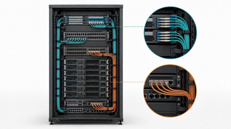 Fiber uplinks and copper management links in AI server rack