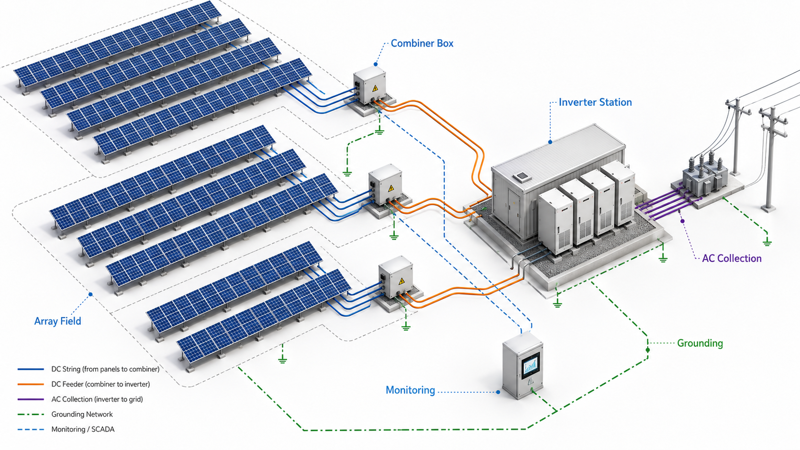 Utility-scale solar farm cable zones from array field to inverter station