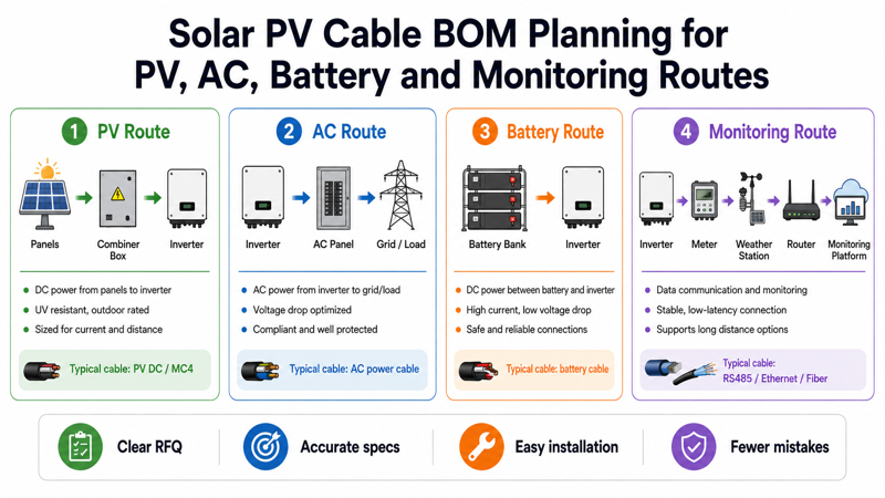Solar PV cable BOM planning for PV AC battery and monitoring routes